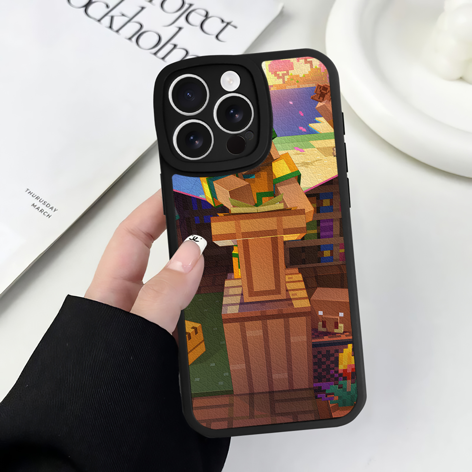 （画像用） マインクラフト ブロックの世界 Minecraft MC Block world 【iPhone 16シリーズ対応】シリコンスマホケース（レザー調） 材質：シリコン